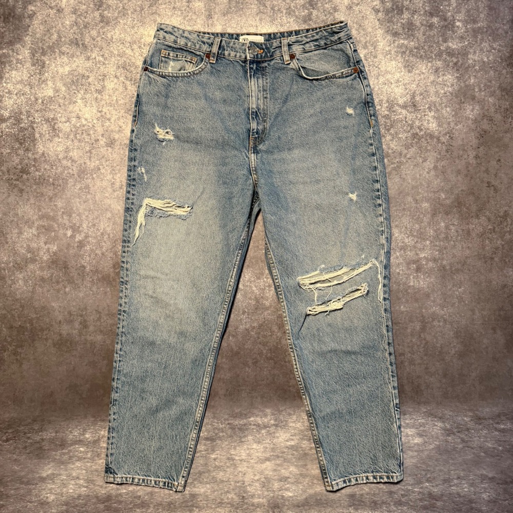 Zara Womens Size 12 High Rise Distressed Mom Jeans Light Wash‎ Blue Denim Cotton